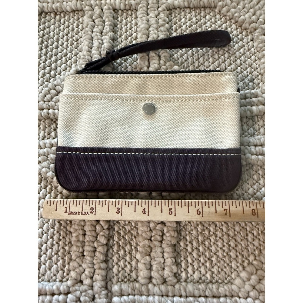 Land's End Zipper Canvas Ivory/Navy Blue Pouch Wristlet w/ Wrist Strap